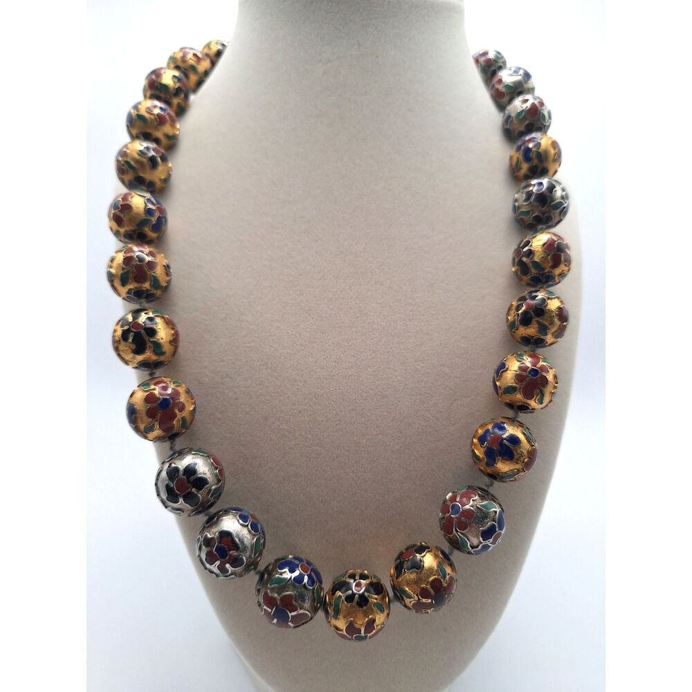 Vintage beaded cloisonne necklace enamel red blue green gold silver tone mid